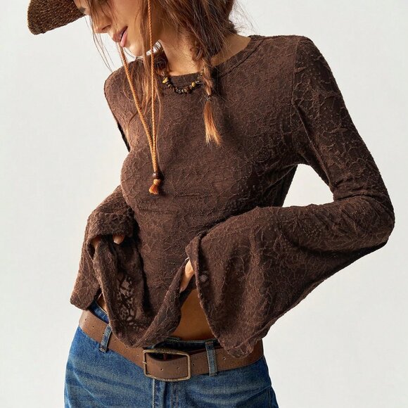 Brown Boho Women's Knit Lace Splicing Flare Sleeve Fitted Regular T-Shirt - Picture 1 of 4